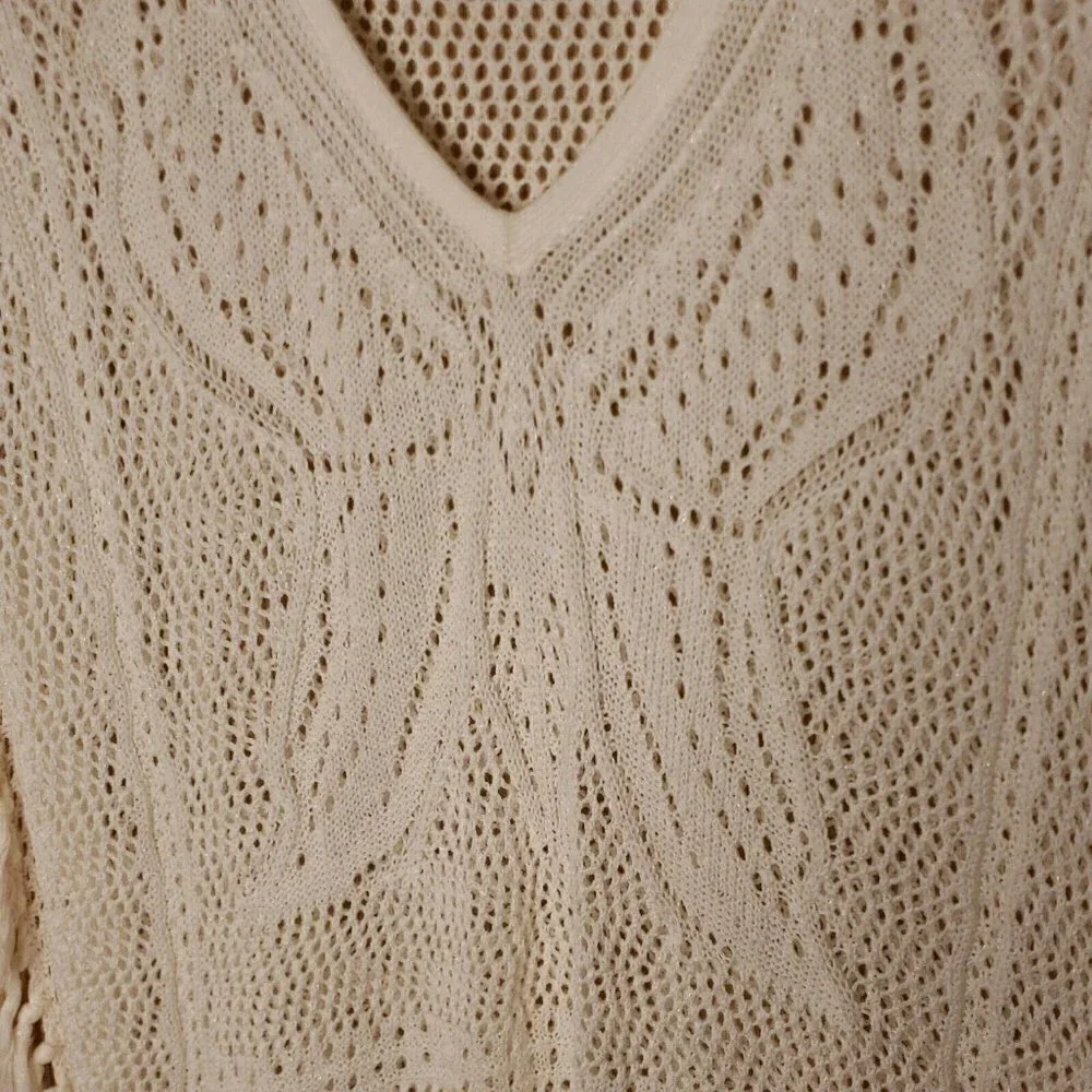 Justice White Fringe Open Knit Poncho 16-18